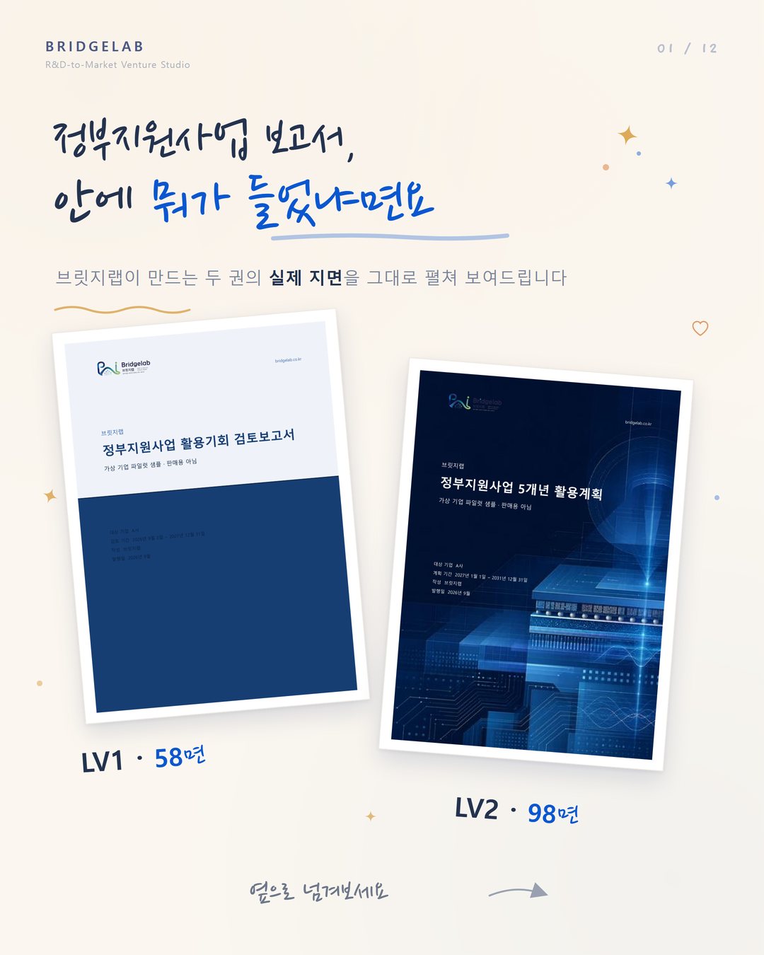 카드 1 — 표지: 브릿지랩이 만드는 두 권의 실제 지면을 그대로 펼쳐 보여드립니다